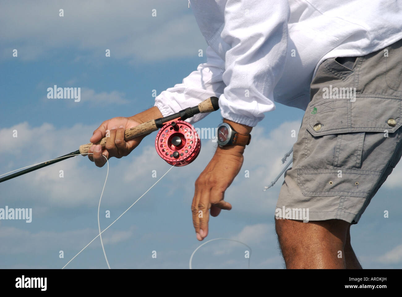 Una chiusura di un uomo di linea di stripping da una bobina mentre acqua di  sale di Pesca a Mosca Report di Pesca in Messico Foto stock - Alamy