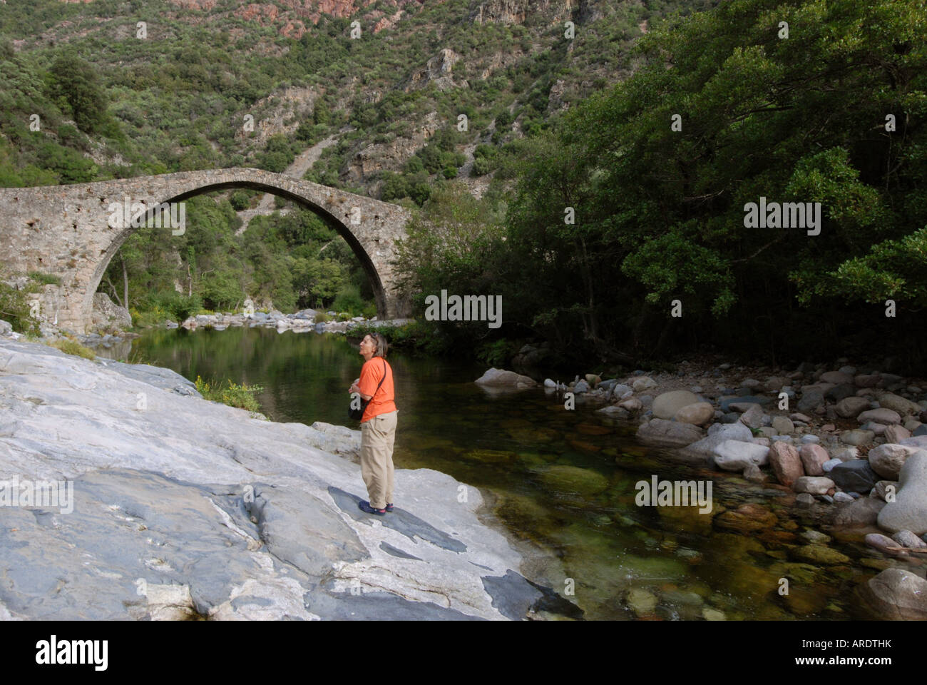 Genovese Ponte Vecchiu o Vecchio oltre Aitone fiume nelle Gorges de Spelunca Corsica Francia Modello rilasciato Foto Stock