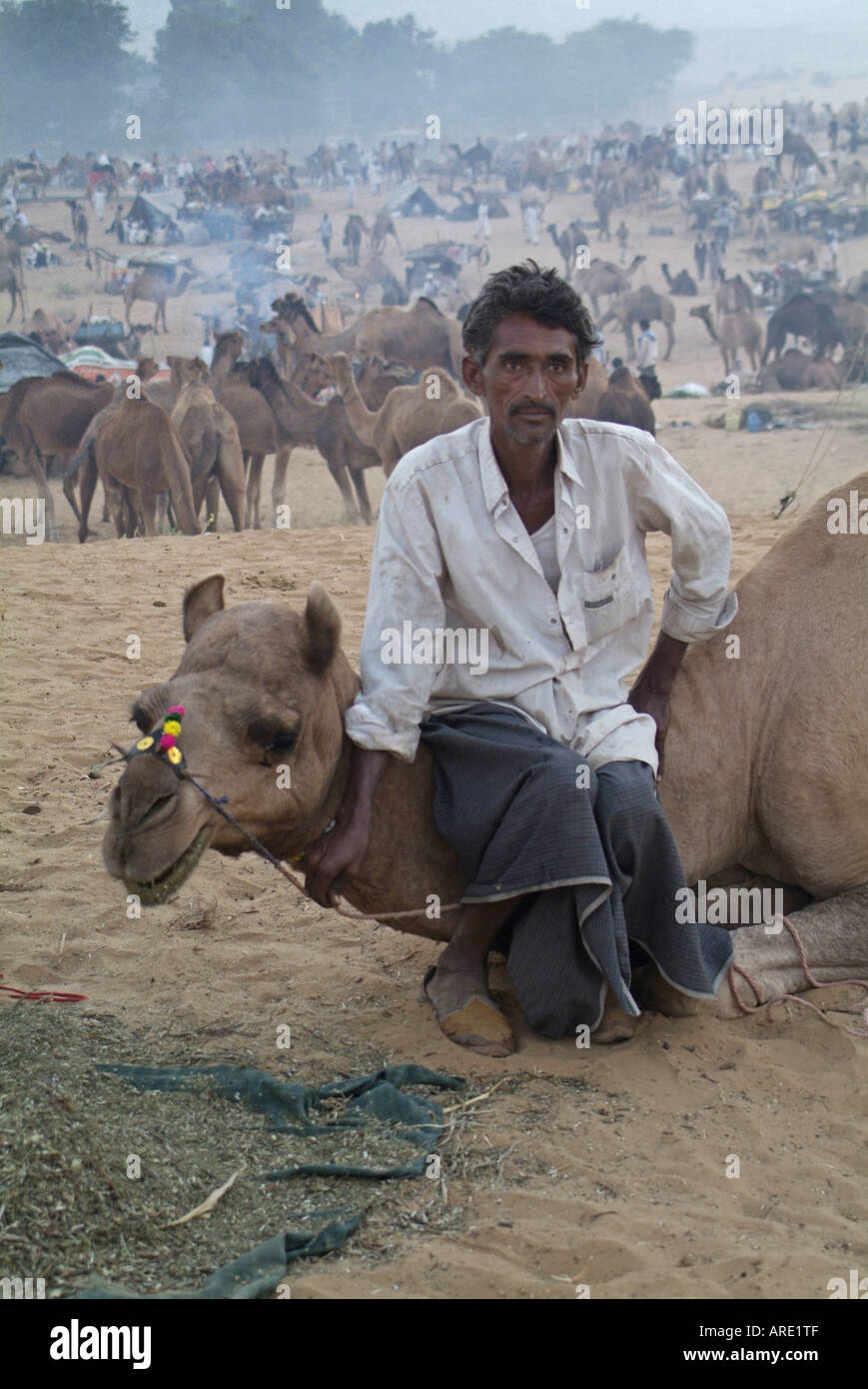 Un commerciante del cammello alla fiera del cammello di Pushkar in Rajasthan, India Foto Stock