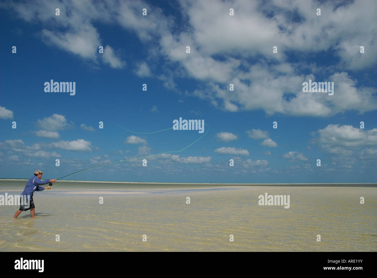 Un uomo getta la sua canna da mosca mentre la pesca con la mosca appartamenti su Isla Holbox Mexico Foto Stock