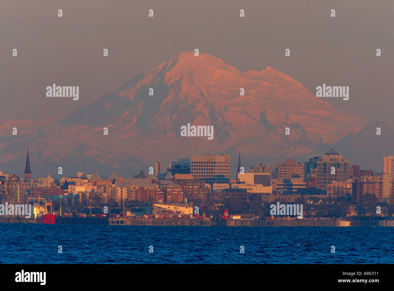 Skyline di Victoria e Mt Baker al tramonto Foto Stock