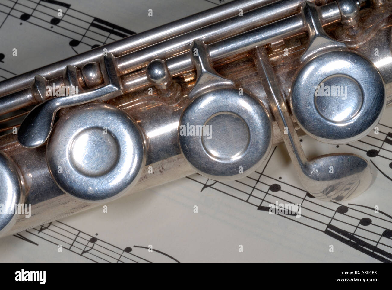 Close up di un flauto e la musica del foglio Foto Stock