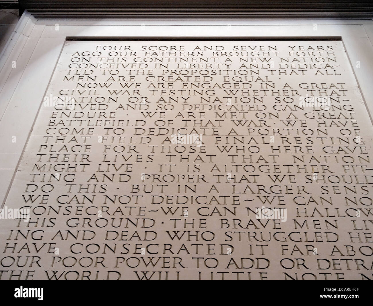 L'indirizzo Gettysburgh scavata nella parete del Lincoln Memorial a Washington DC Foto Stock