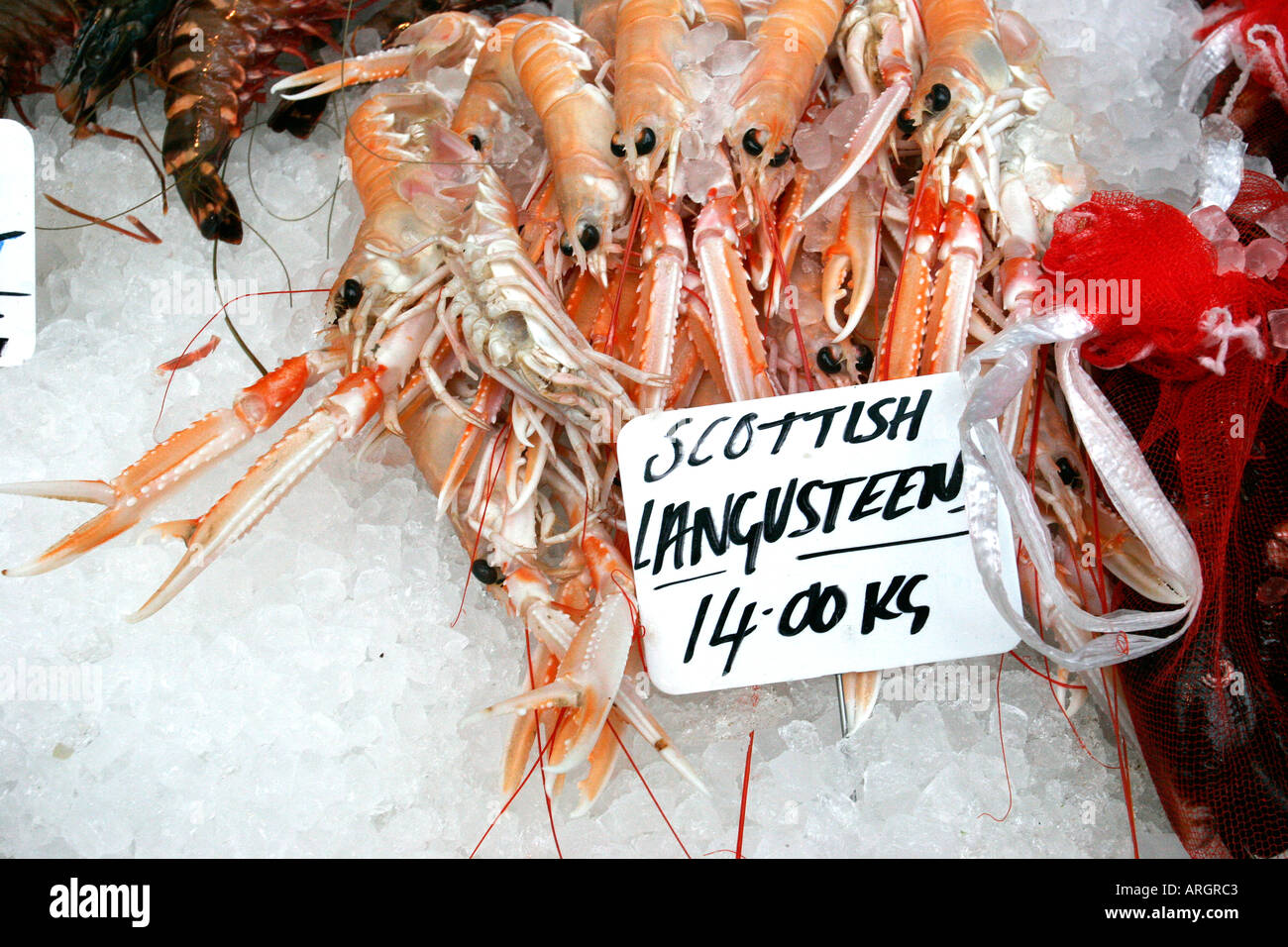 Langusteen scozzese per la vendita al mercato di Borough di Londra Foto Stock