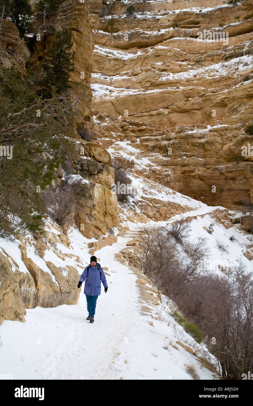 Escursionista sulla South Kaibab Trail nel Grand Canyon in inverno Foto Stock