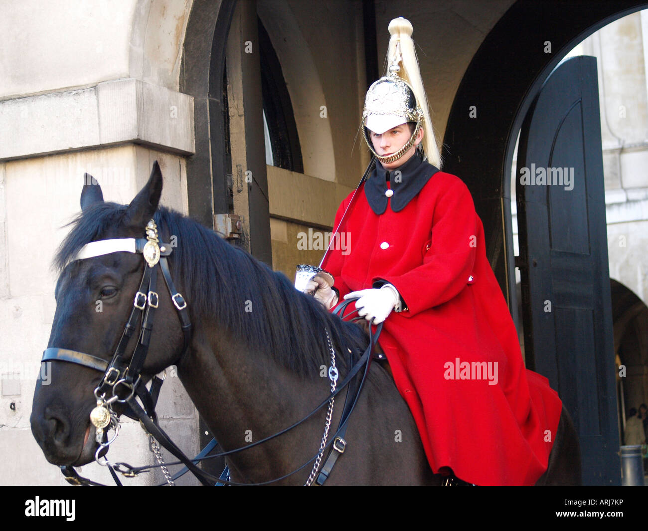 Queen's bagnino di turno presso la sfilata delle Guardie a Cavallo, Whitehall, London, England, Regno Unito Foto Stock