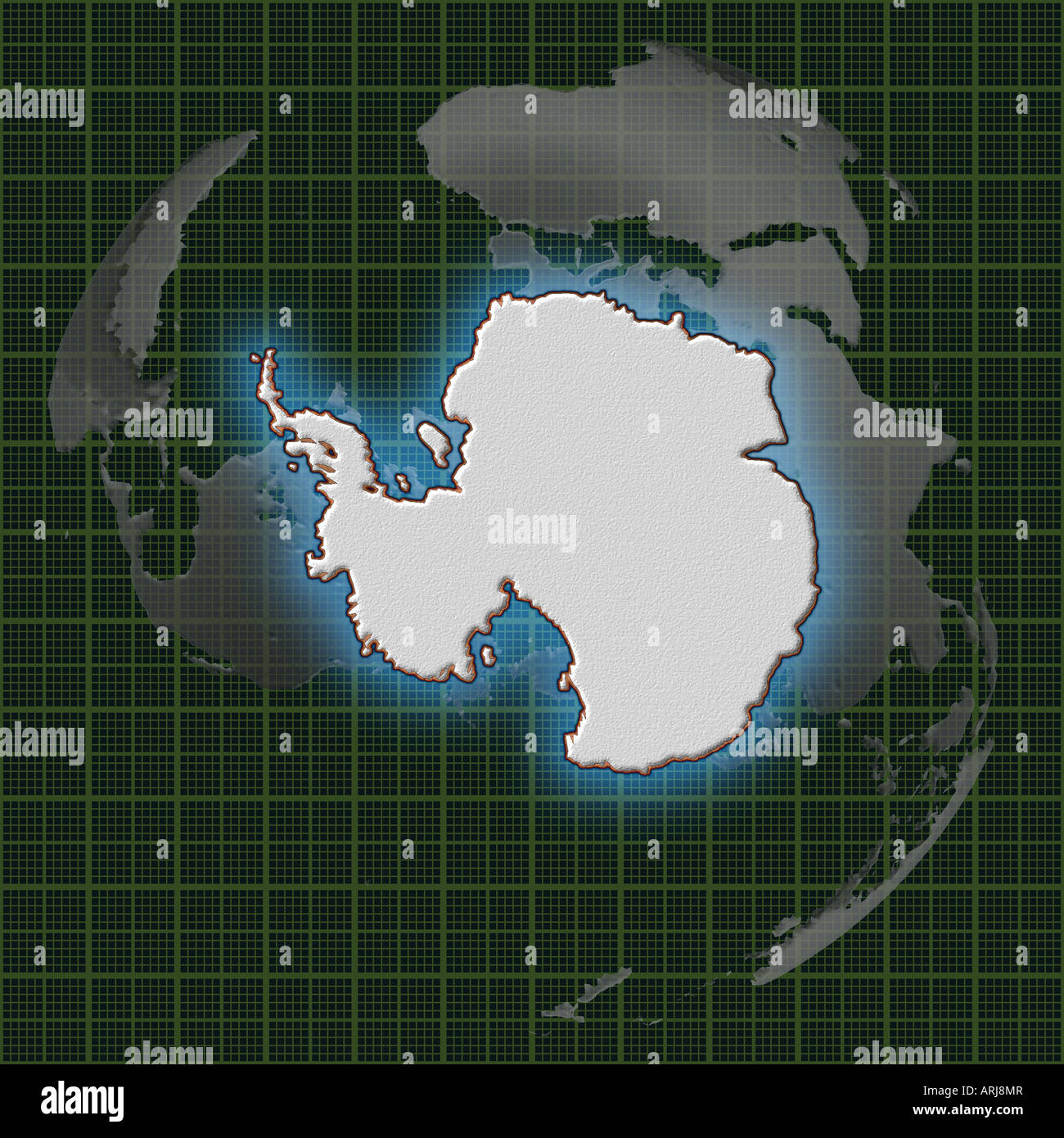 Profilo stilizzato Mappa di Antartide circondato da soft bagliore blu contro un progetto di modello di griglia in verde Foto Stock