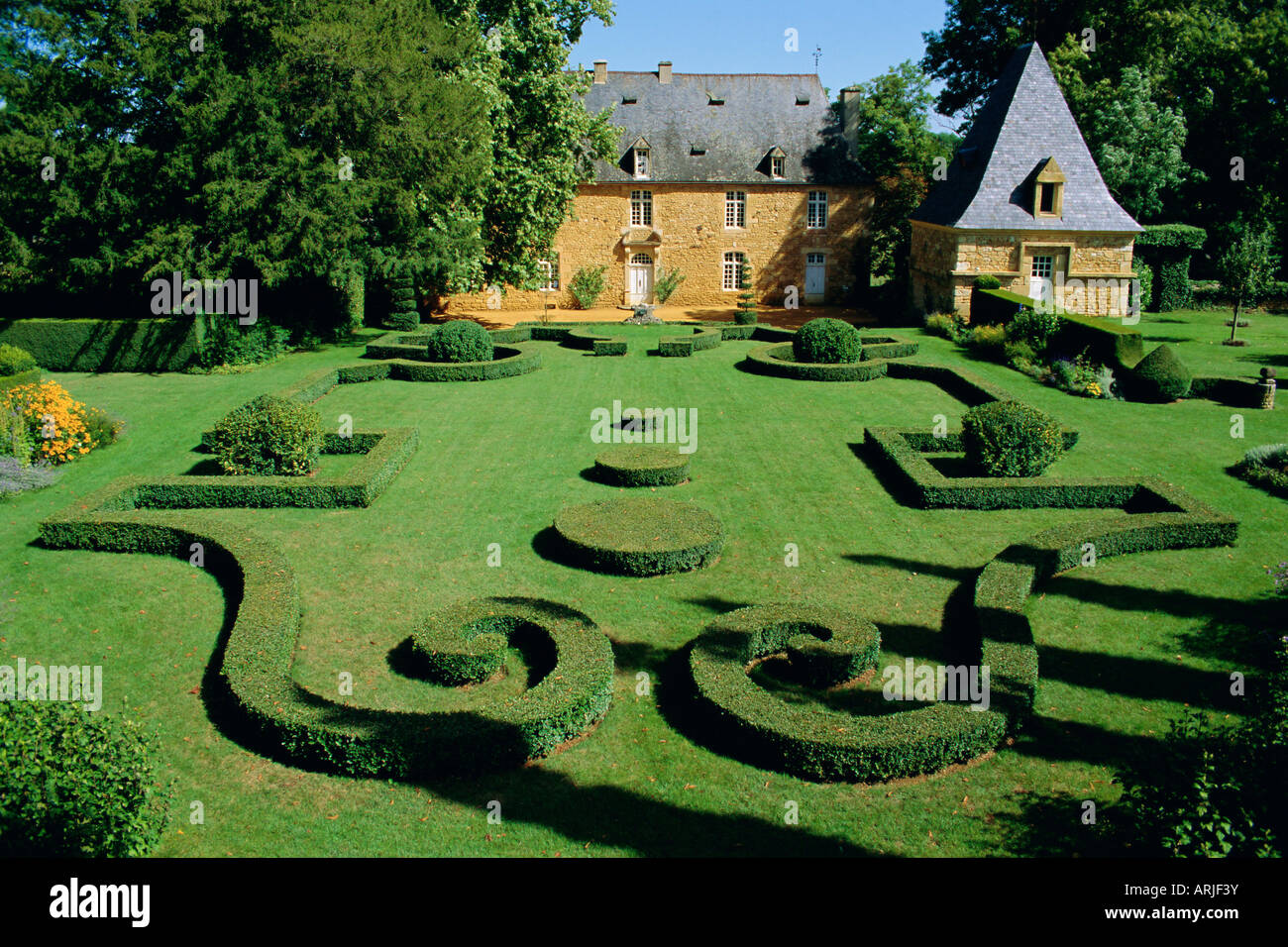 Jardins d'Eyrignac, giardini del xvii secolo manor, Perigord, Aquitania, in Francia, in Europa Foto Stock