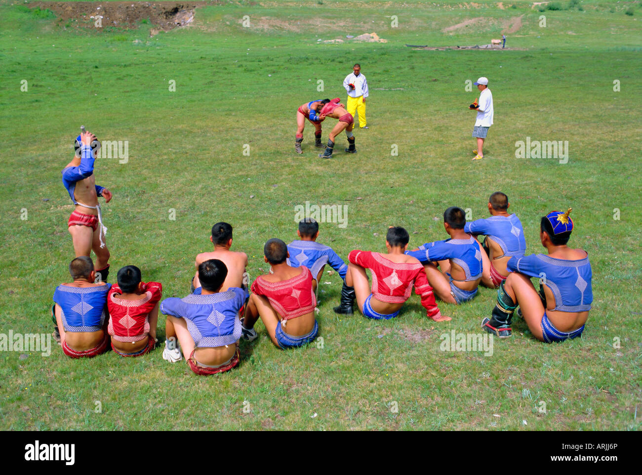 Mongolo scuola di wrestling, vicino a Ulan Bator, Mongolia Foto Stock