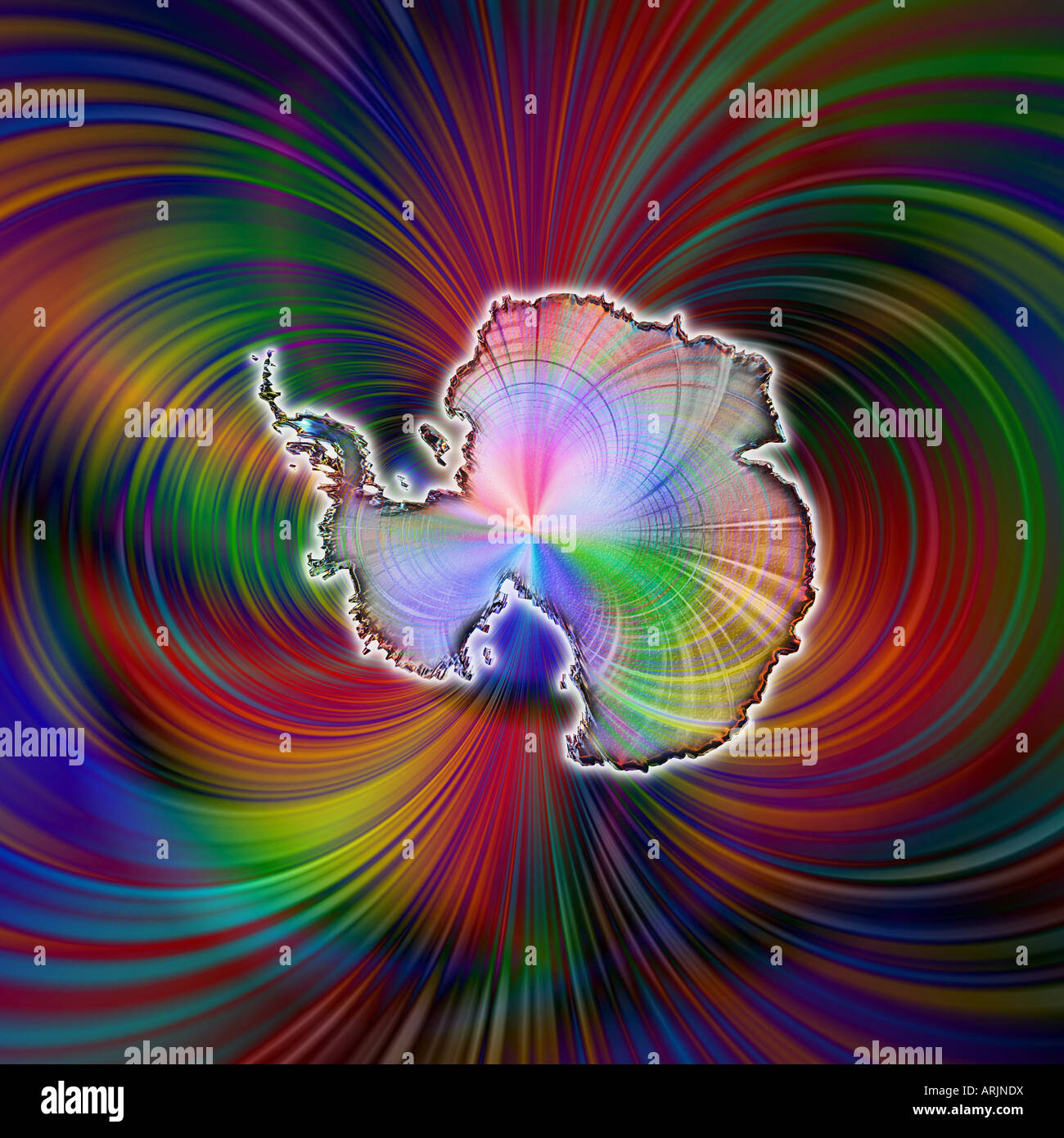 Scintillante resa stilizzata in Antartide flottante in una buia ma ricca magnetico immaginario campo di forza Foto Stock