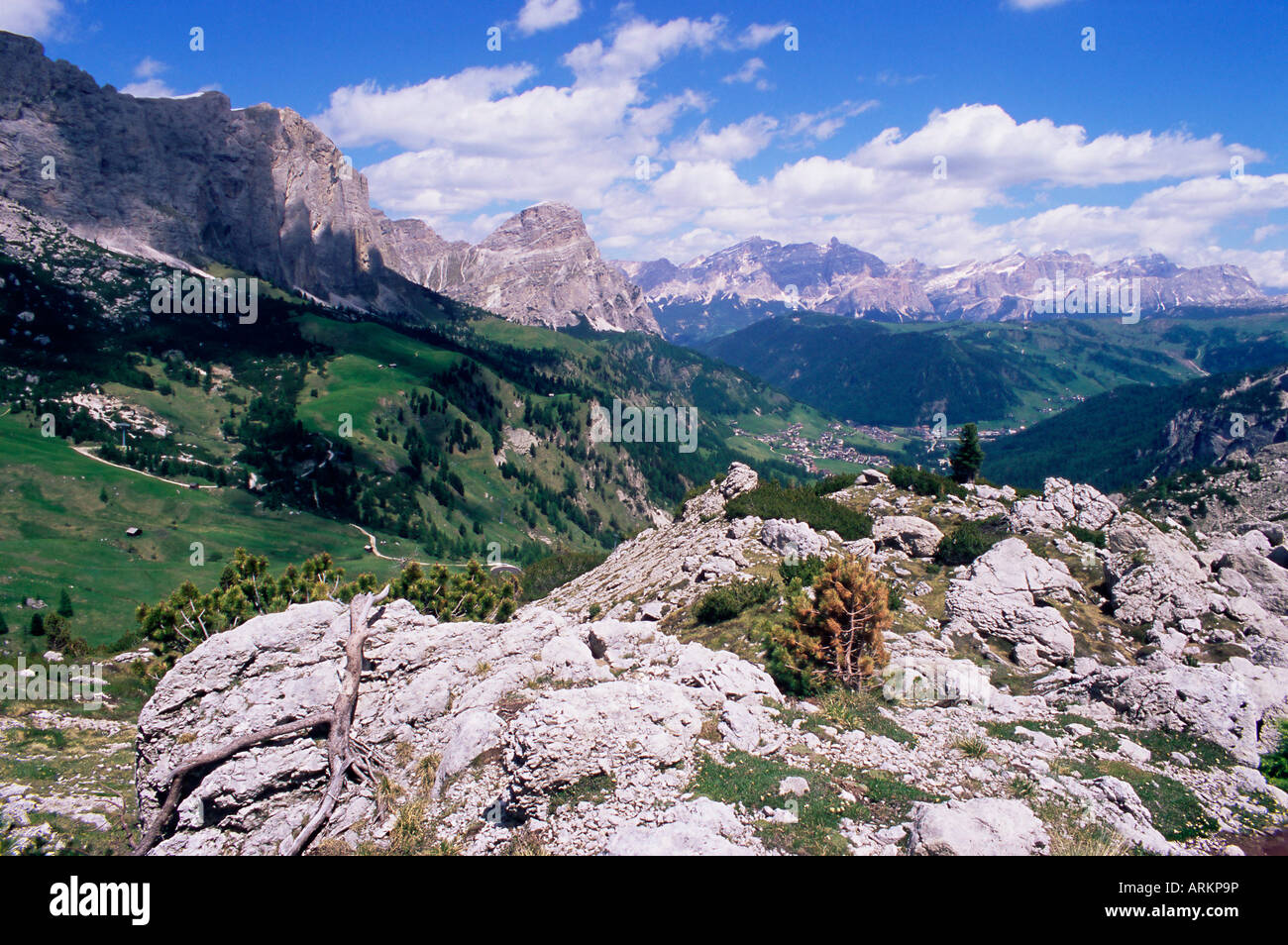 Valley a est del Passo Gardena, Dolomiti, Alto Adige, Italia, Europa Foto Stock