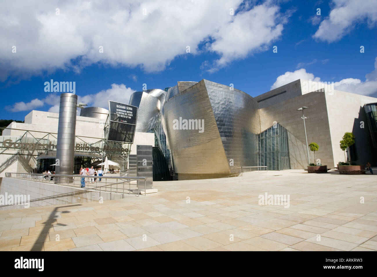 Museo Guggenheim progettato da Frank Gehry sul waterside lungo il Rio Nervion Bilbao Euskal Herria Spagna Foto Stock