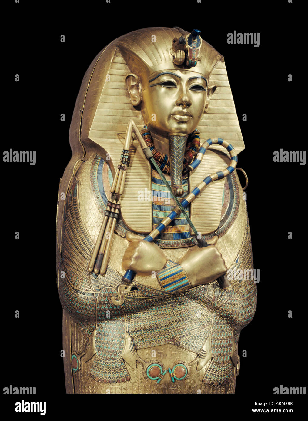 Mummiform bara di oro intarsiato con pietre preziose e semipreziose, dalla tomba del faraone Tutankhamon Foto Stock