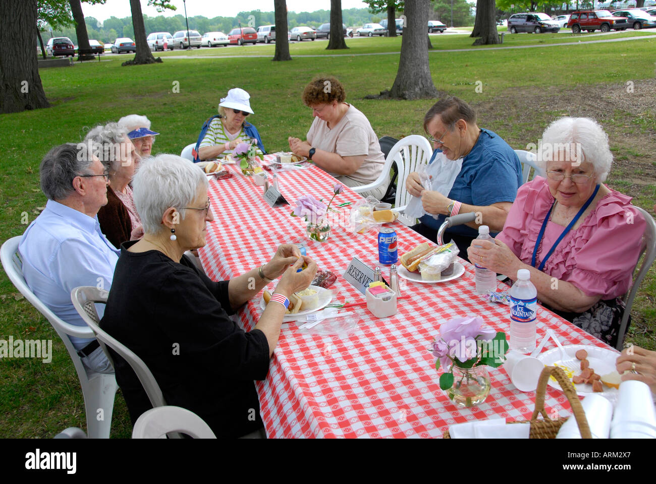 I cittadini anziani godono di una giornata in un parco pubblico che frequentano un picnic Foto Stock
