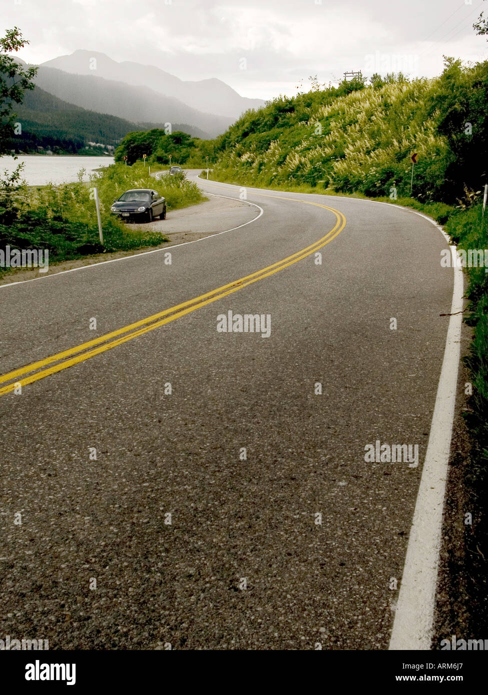 DHP101225 le curve che mostrano il bianco e il giallo linee sulla strada di Juneau Alaska USA Foto Stock