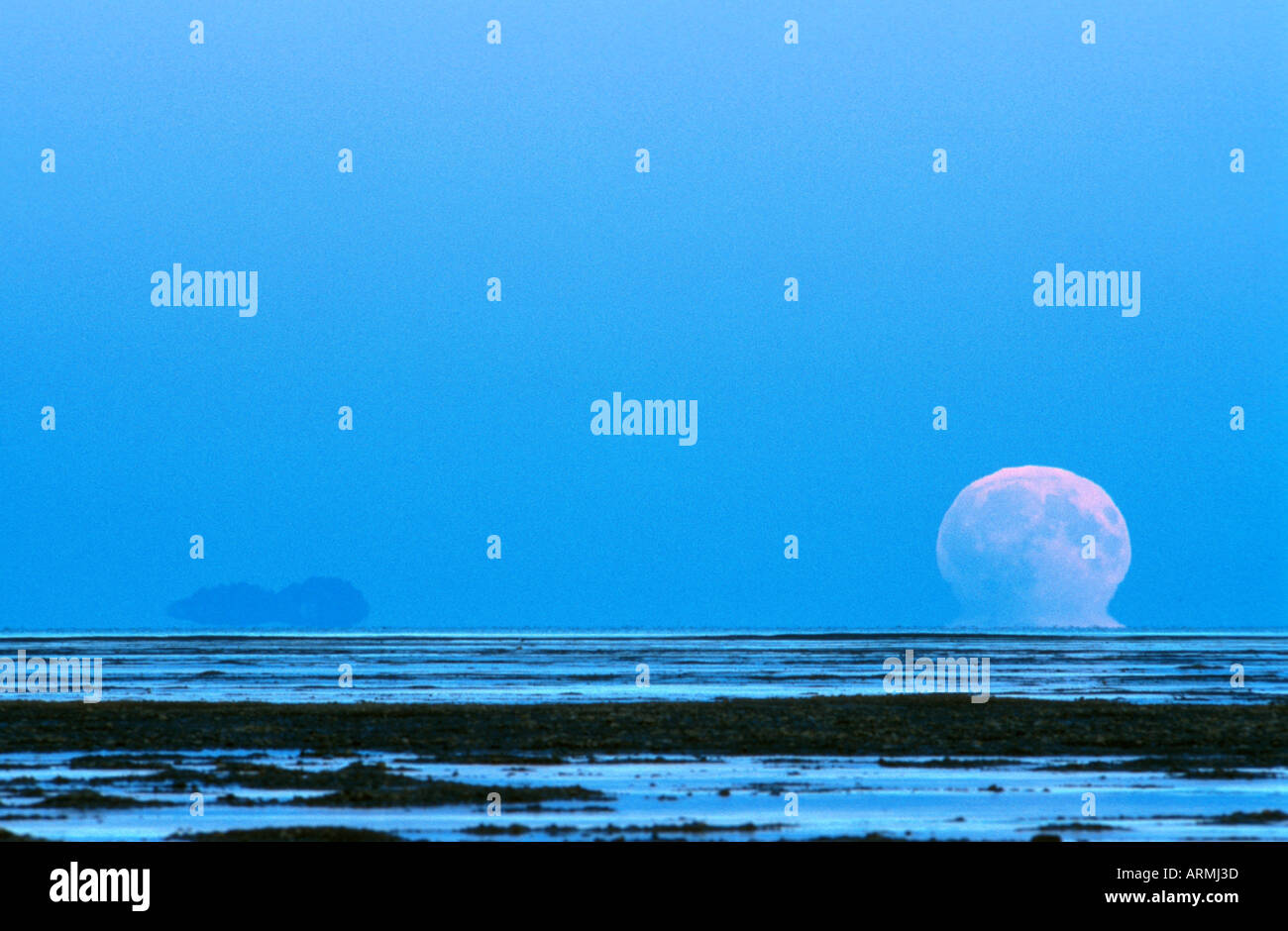 Fullmoon salire con la riflessione, la Russia siberiano, Malkatschan Foto Stock