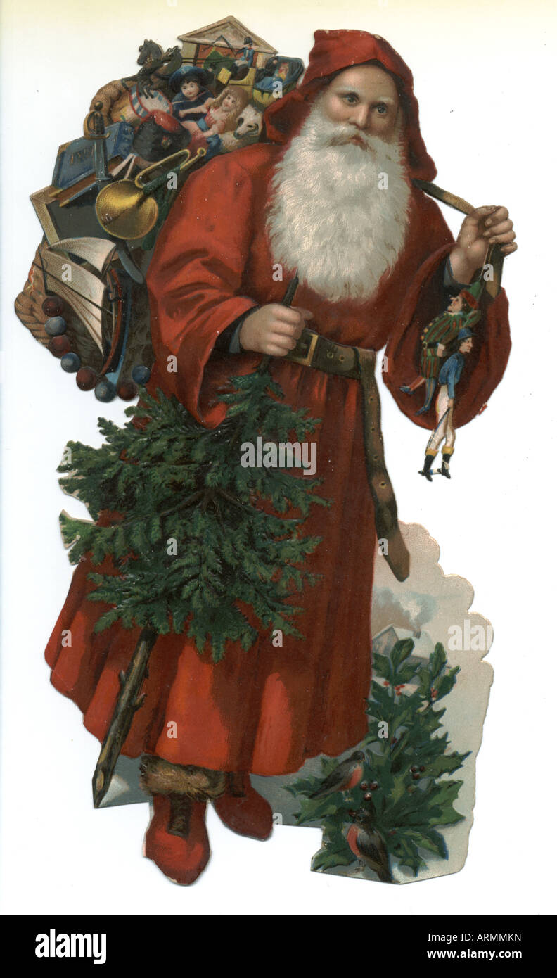 Chromolithographed fustellate rottami di Babbo Natale con il sacco di giocattoli e albero Foto Stock