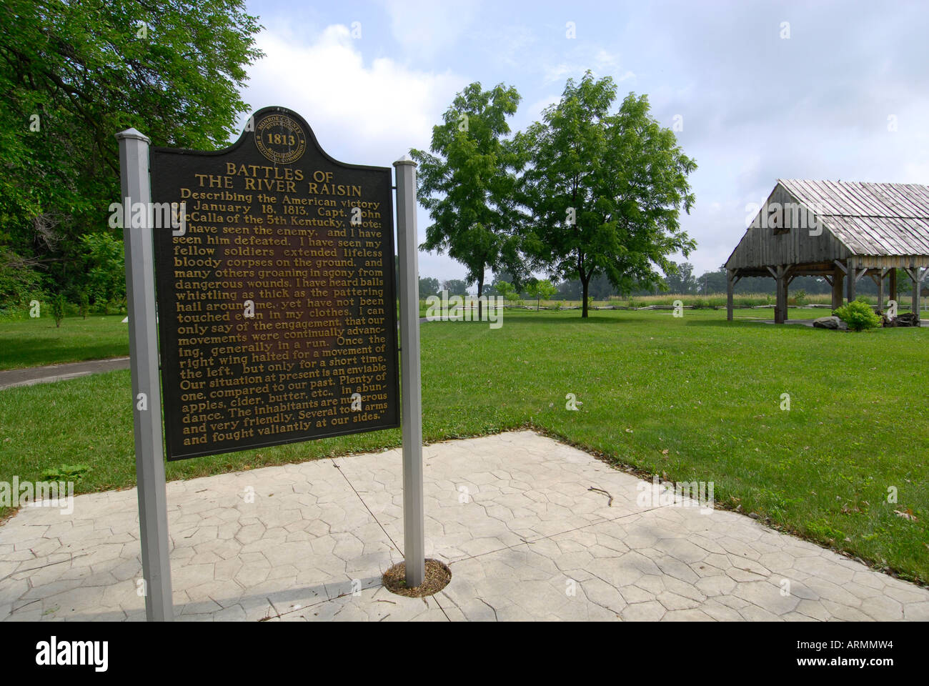 Storico sito di battaglia delle battaglie del Fiume Uva passa a Monroe Michigan durante la guerra di 1812 Foto Stock