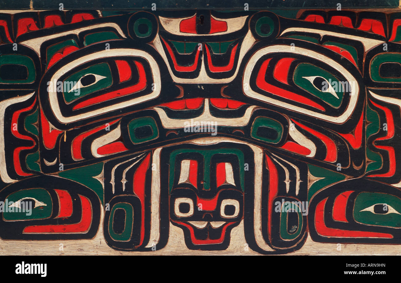Le prime nazioni del nord-ovest, scatola piegata pittura dettaglio, British Columbia, Canada. Foto Stock