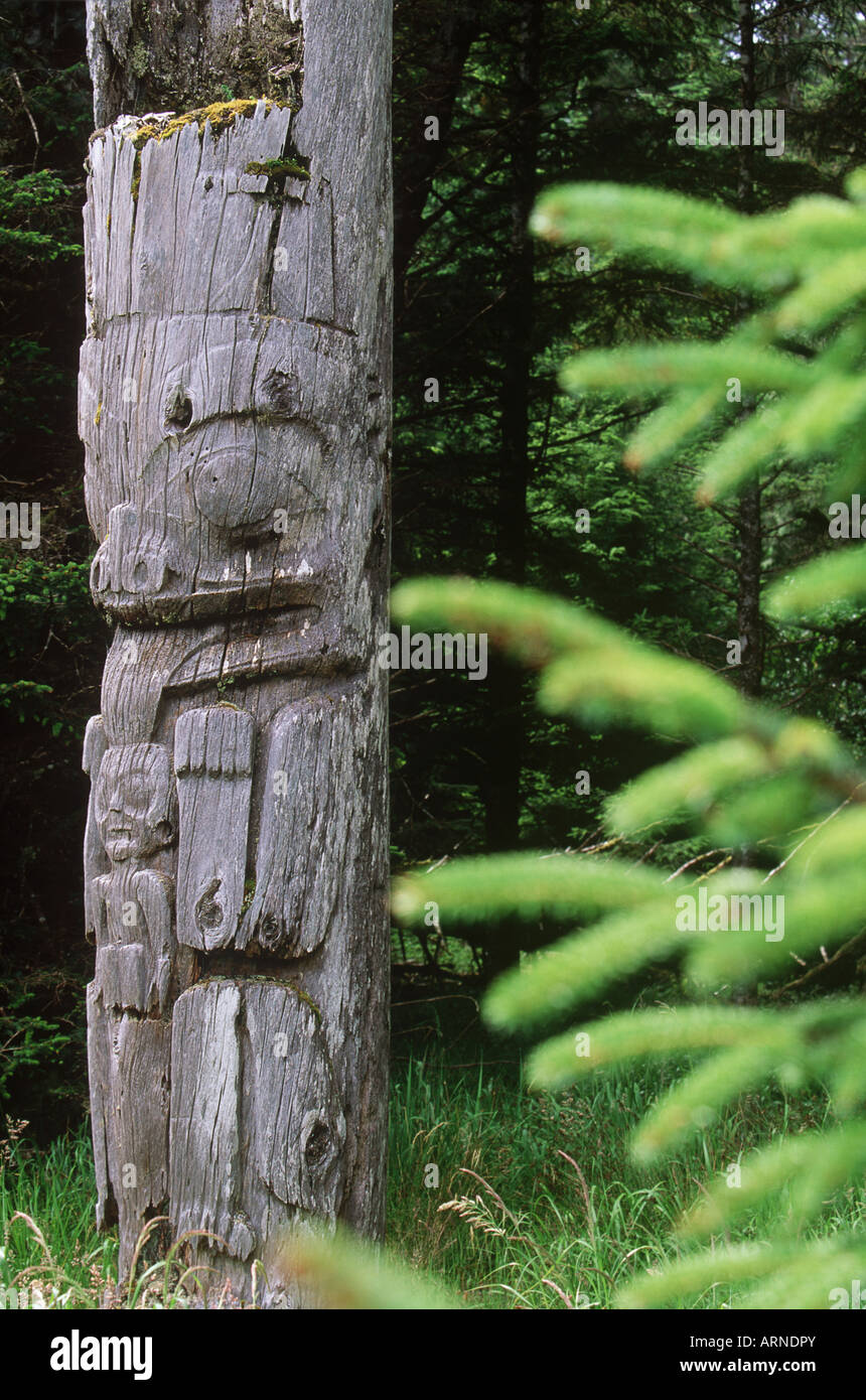 Queen Charlotte Islands, Ninstints Village (Nad Sdins), Anthony Isola (SGaang Gwaay), weathered mortuaria totem, British C Foto Stock