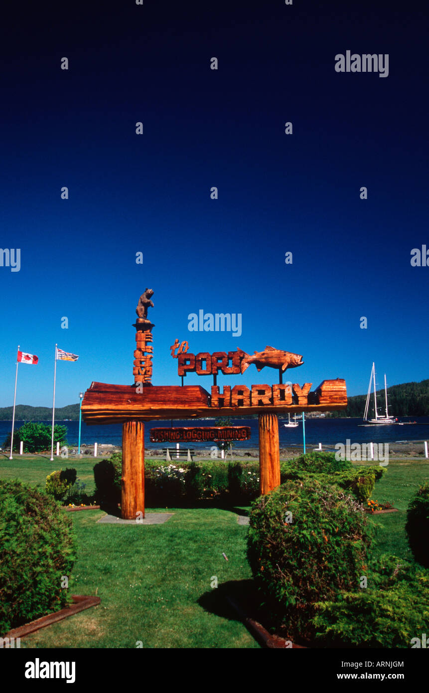 Port Hardy, segno intagliato, Isola di Vancouver, British Columbia, Canada. Foto Stock