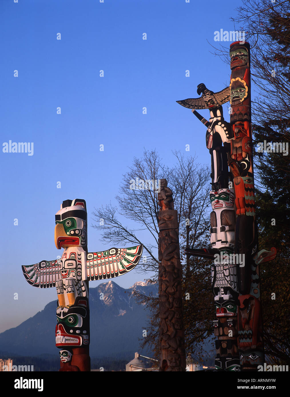 Stanley Park, totem pole array, Vancouver, British Columbia, Canada. Foto Stock