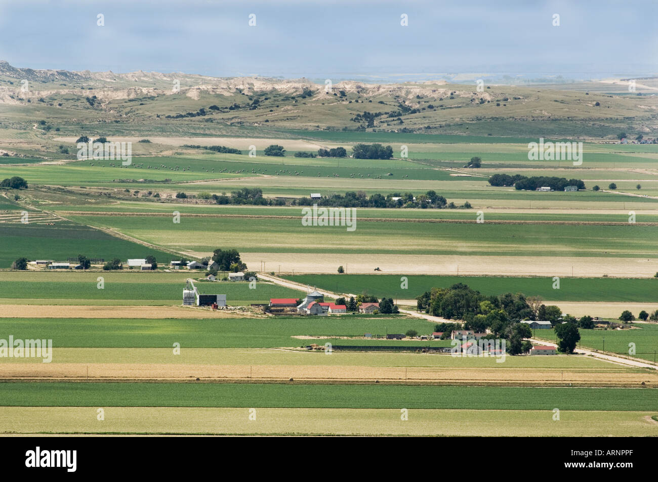 Vista panoramica di una valle fertile nel nord-ovest del Nebraska con le aziende agricole e i campi coltivati Foto Stock