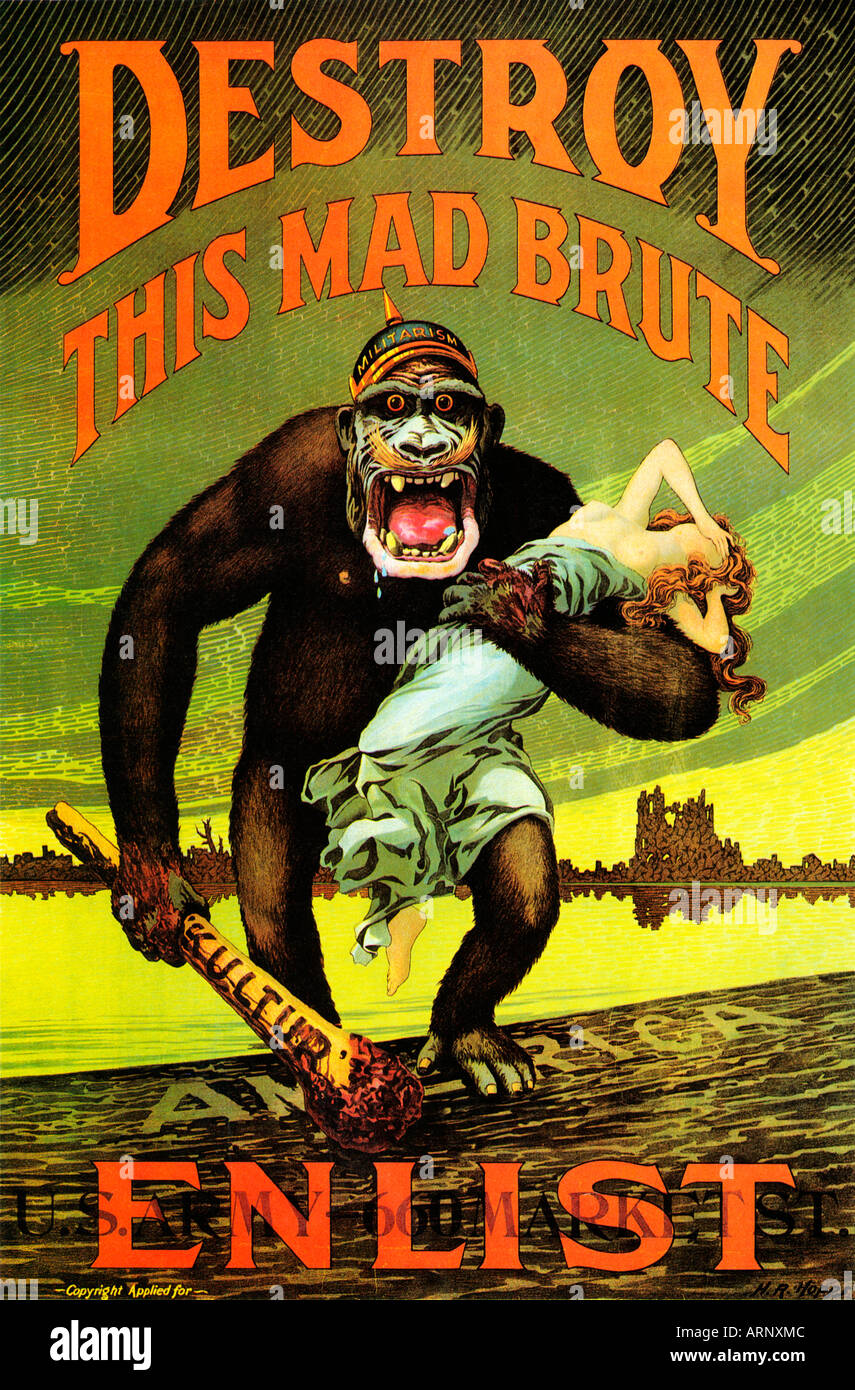 Distruggere Questo Mad Brute 1917 Hopps poster di reclutamento per l'America, nota che il club dell'Hun ha kultur scritto su di esso, Arruolati subito Foto Stock