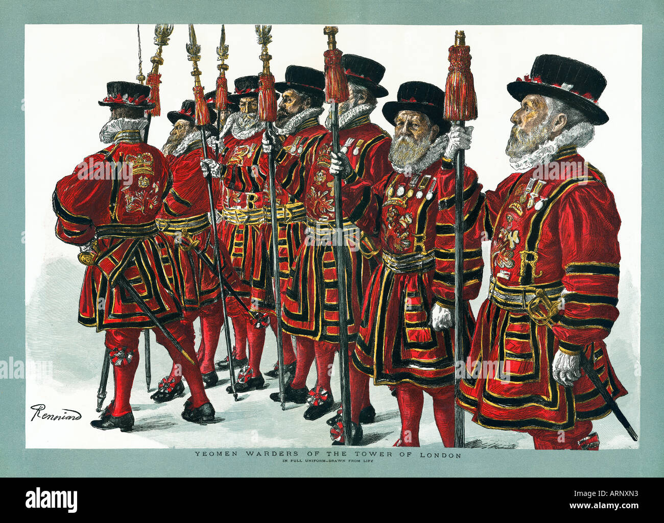 Beefeaters una stampa in stile vittoriano del Yeoman guardiani della Torre di Londra in alta uniforme Foto Stock