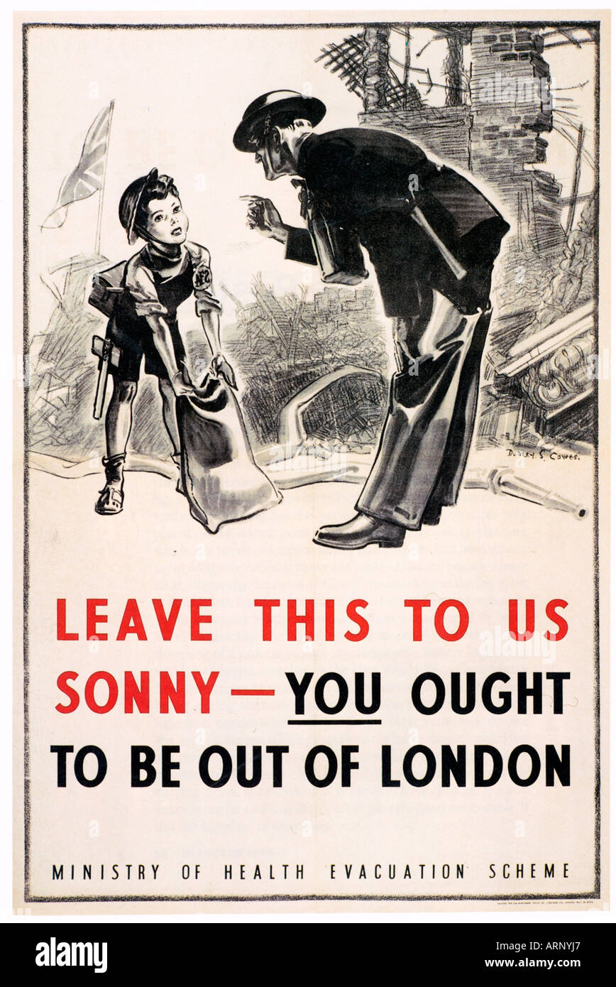 Evacuare Londra Poster un ministero britannico della sanità schema di evacuazione poster da 1940 Foto Stock