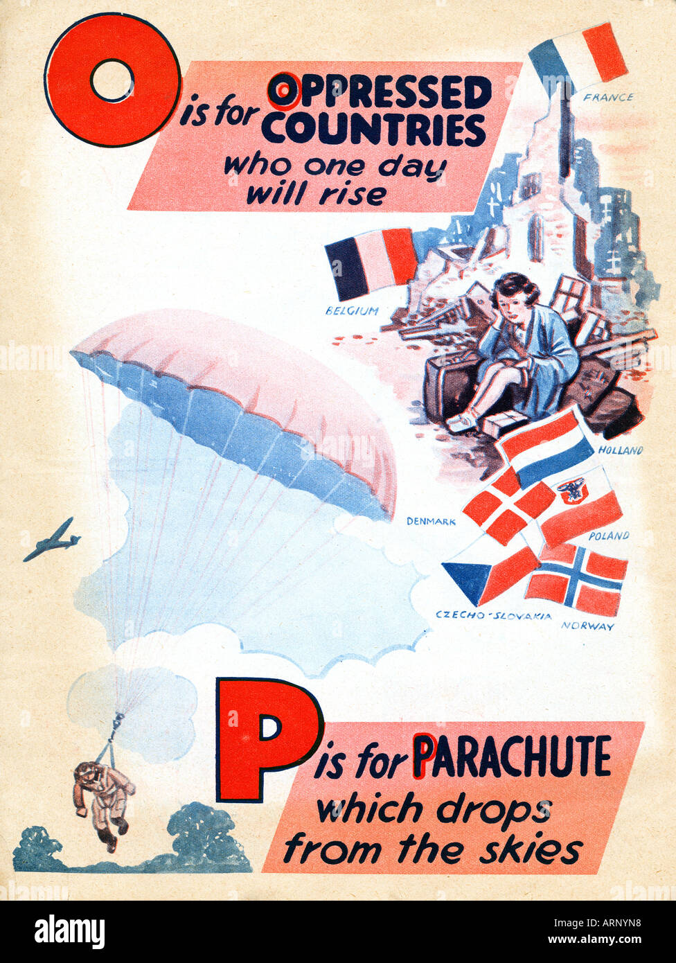 Battaglia di Gran Bretagna O P è per gli oppressi Parachute British childrens Alphabet Book da WW II Foto Stock