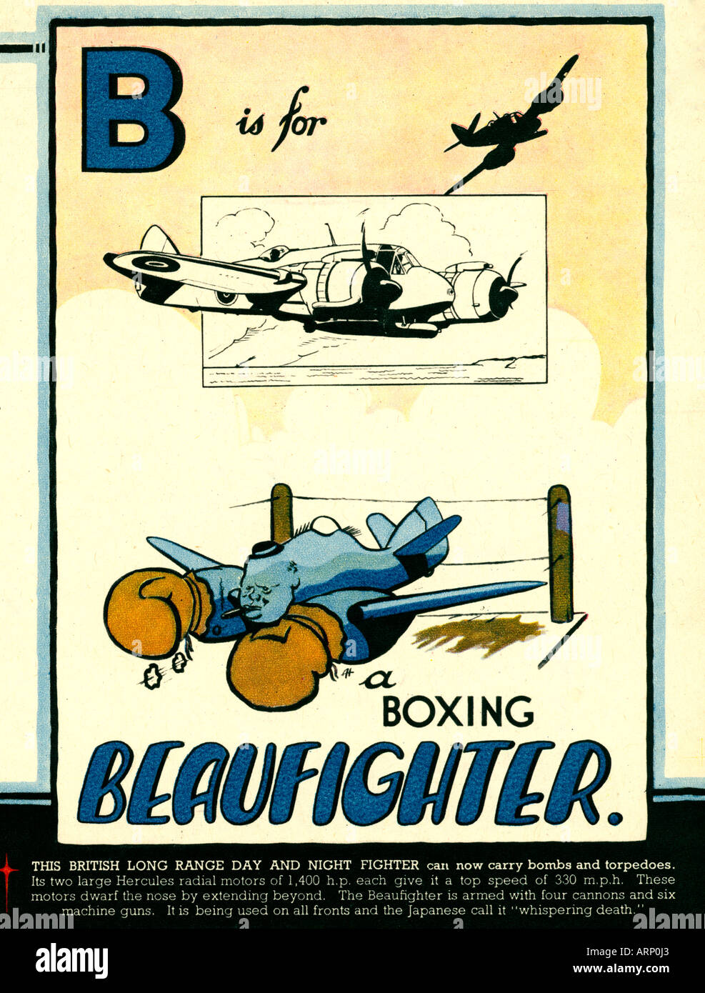B è per Beaufighter 1943 Inglese per bambini di guerra Alphabet Book di combattimenti aerei da caccia come Churchill boxe Foto Stock