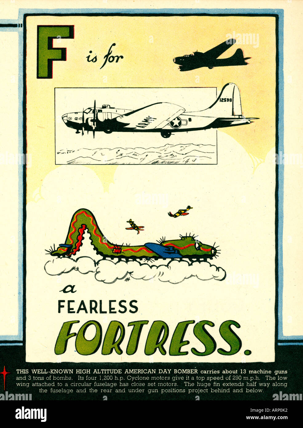 F è per Fortezza 1943 Inglese per bambini di guerra Alphabet Book di combattimenti aerei il bombardiere americano come un caterpillar Foto Stock