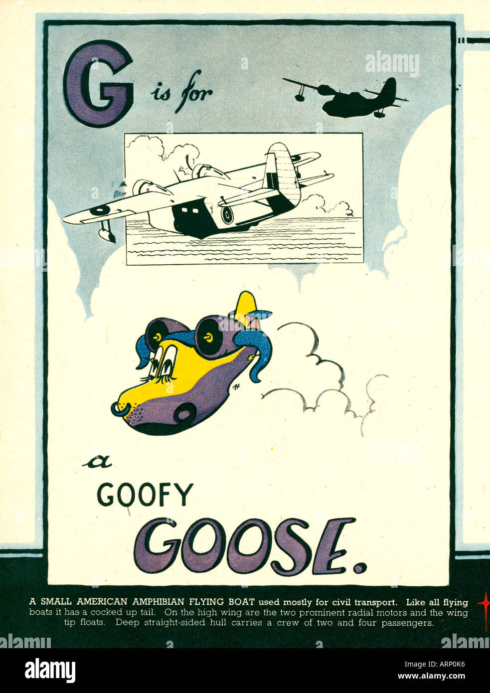 G è per Goose 1943 Inglese per bambini di guerra Alphabet Book di combattimenti aerei American flying boat Foto Stock