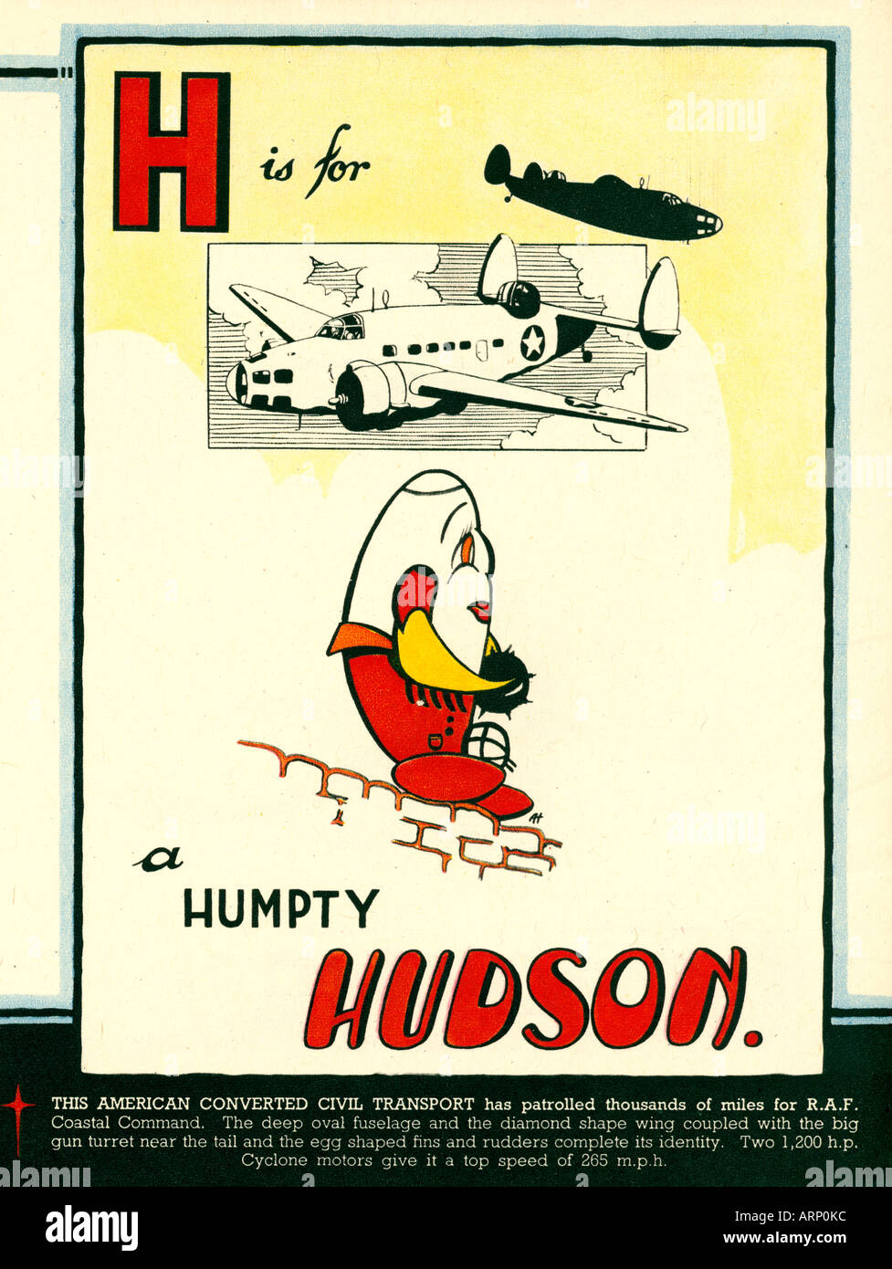 H è per Hudson 1943 Inglese per bambini di guerra Alphabet Book di combattimenti aerei American flying boat come Humpty Foto Stock
