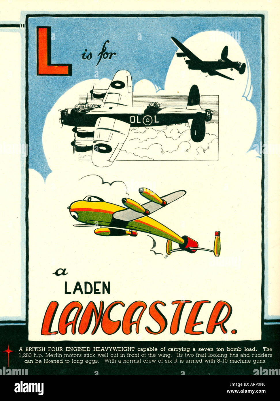 L è per Lancaster 1943 Inglese per bambini di guerra Alphabet Book degli aerei British bombardieri pesanti Foto Stock