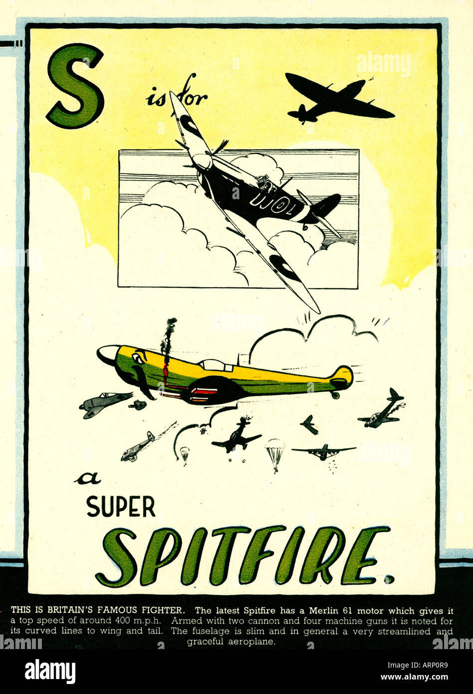 S è per Spitfire 1943 Inglese per bambini di guerra Alphabet Book di aeroplani iconici British fighter Foto Stock
