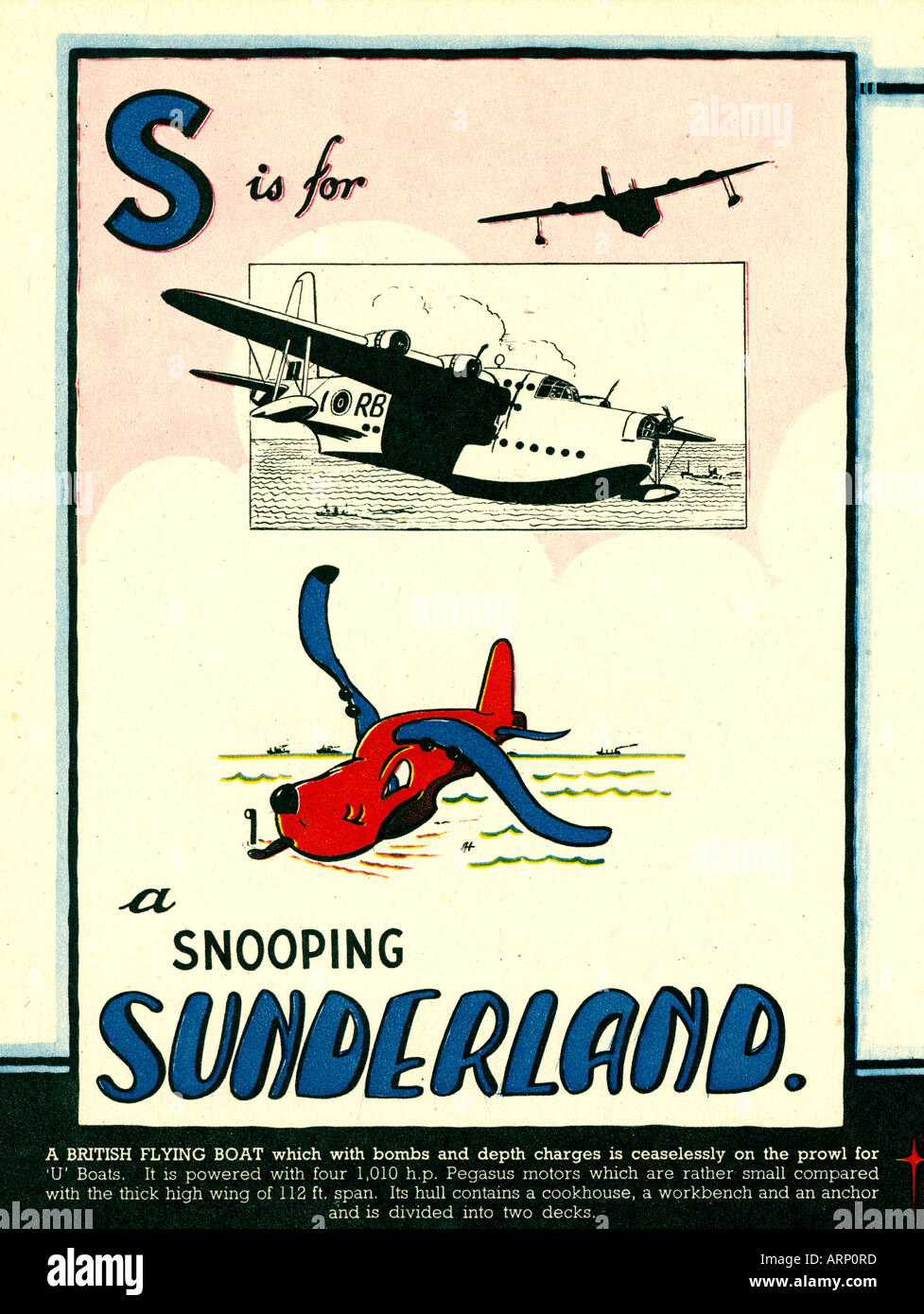 S è per Sunderland 1943 Inglese per bambini di guerra Alphabet Book di combattimenti aerei Flying Boat come hound Foto Stock