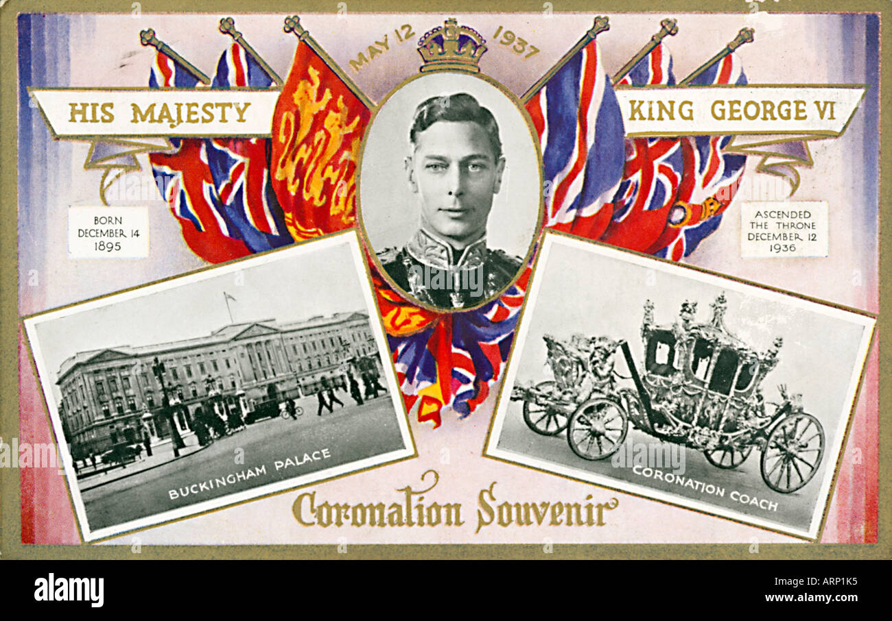 1937 Incoronazione cartolina souvenir celebrando l incoronazione del re George VI con Buckingham Palace e l incoronazione Coach Foto Stock