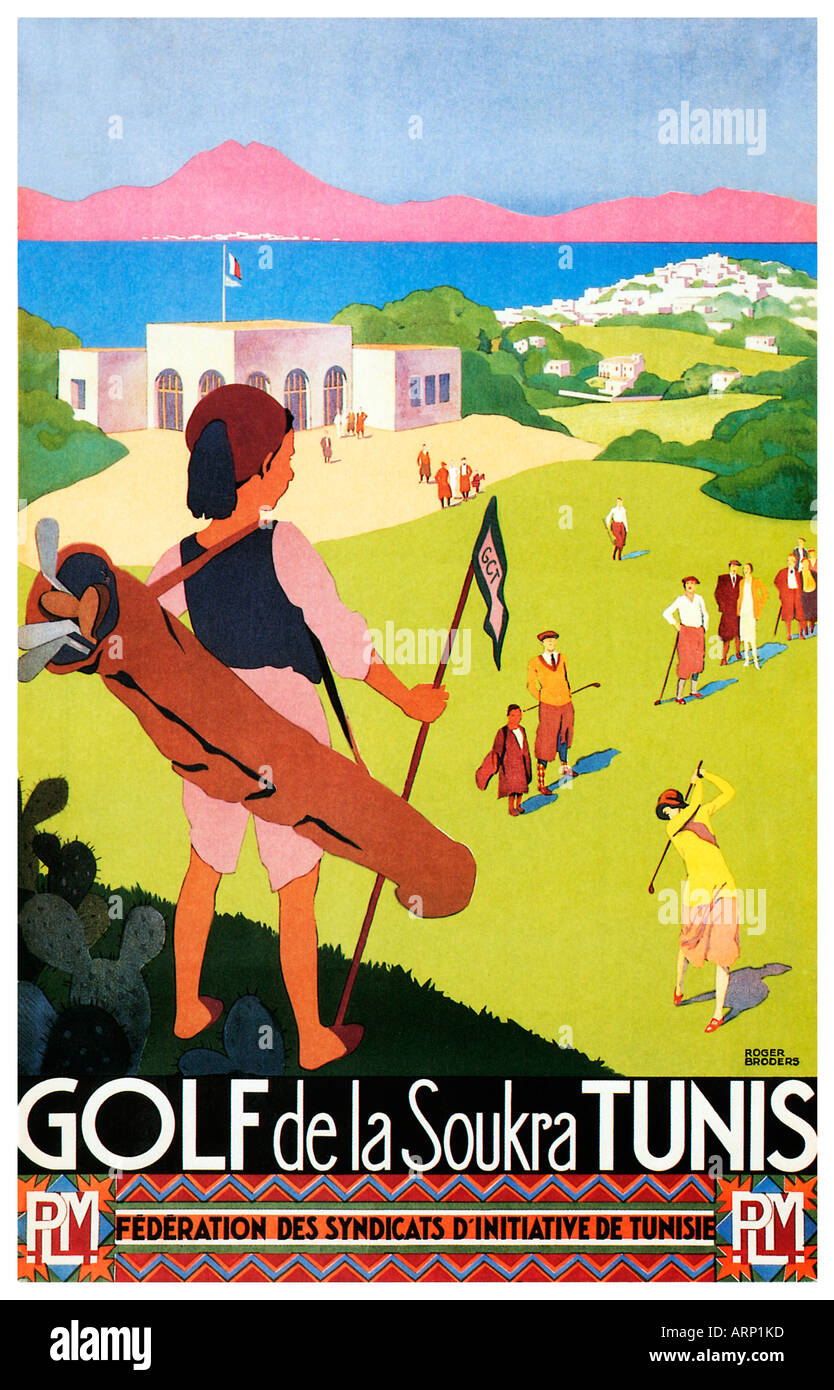Golf in Tunisia francese poster ferroviaria dal 1920s esaltato le virtù del golf in Nord Africa Foto Stock