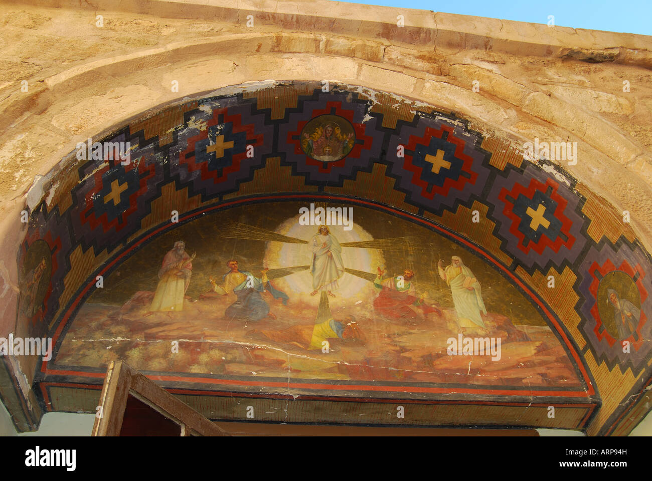Ingresso affresco della Chiesa della Trasfigurazione, St.Catherines Monastero Penisola del Sinai, Repubblica di Egitto Foto Stock