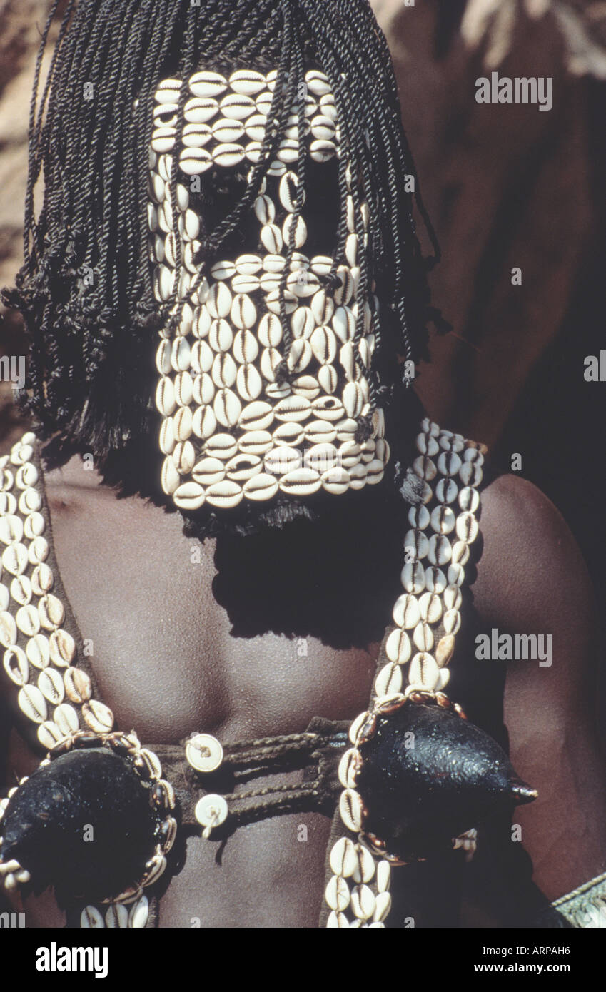 Dogo ballerino mascherato indossando maschera fatta di gusci come parte di maquerade Tirelli Village Mali Foto Stock