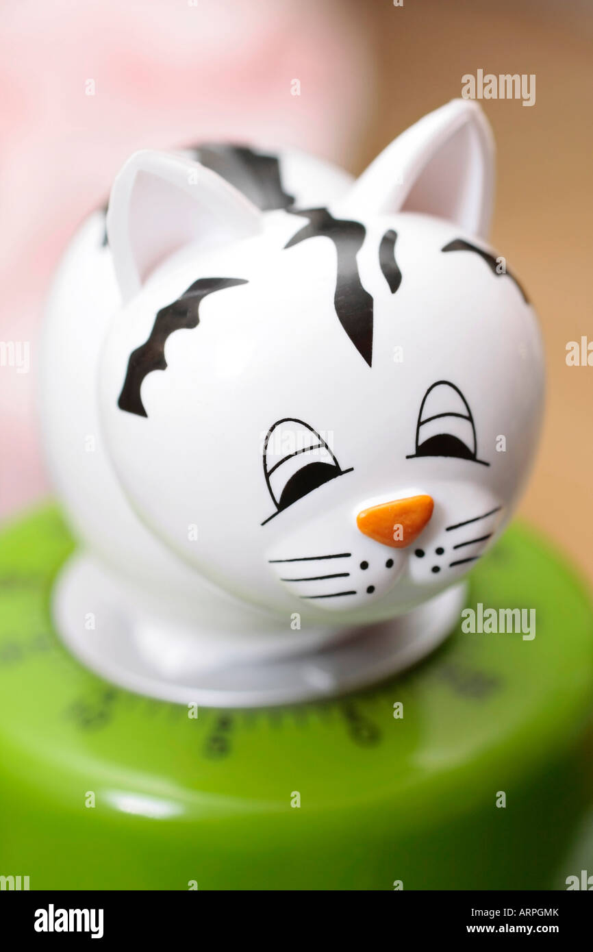 Primo piano di una novità cucina Timer nella forma di un gatto bianco e nero Foto Stock