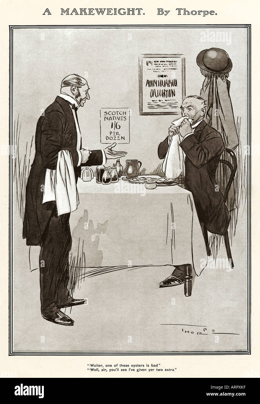 Edwardian cartoon a mangiare le ostriche cameriere uno di questi delle ostriche è cattiva e sir youll vede Ive dato yer due extra Foto Stock