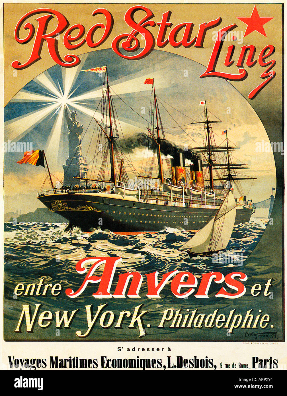 Red Star Line 1893 poster francese per il belga shipping linea operante tra Anversa e New York Foto Stock