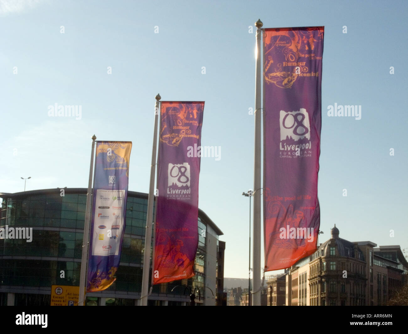 3 striscioni pubblicitari 08 Liverpool Capitale Europea della Cultura Foto Stock