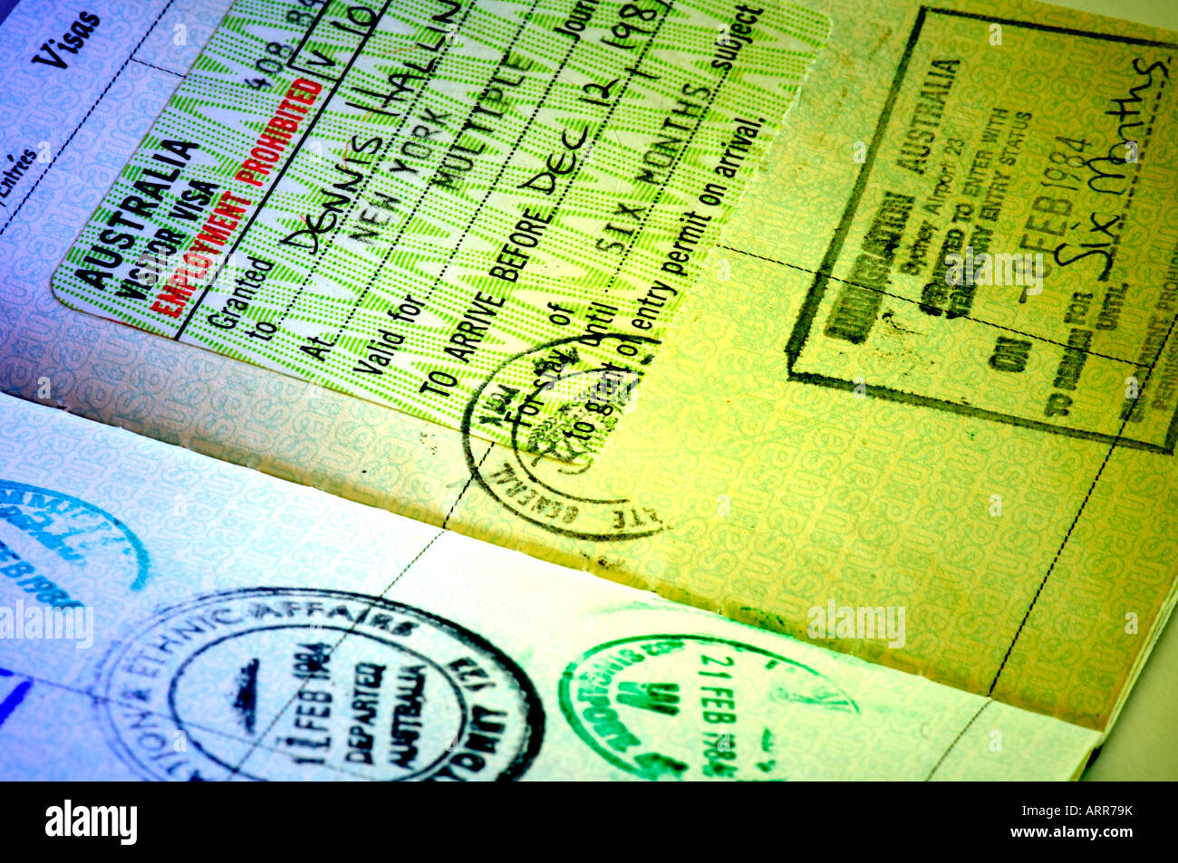 Closeup Stati Uniti passaporto timbri doganali Foto Stock