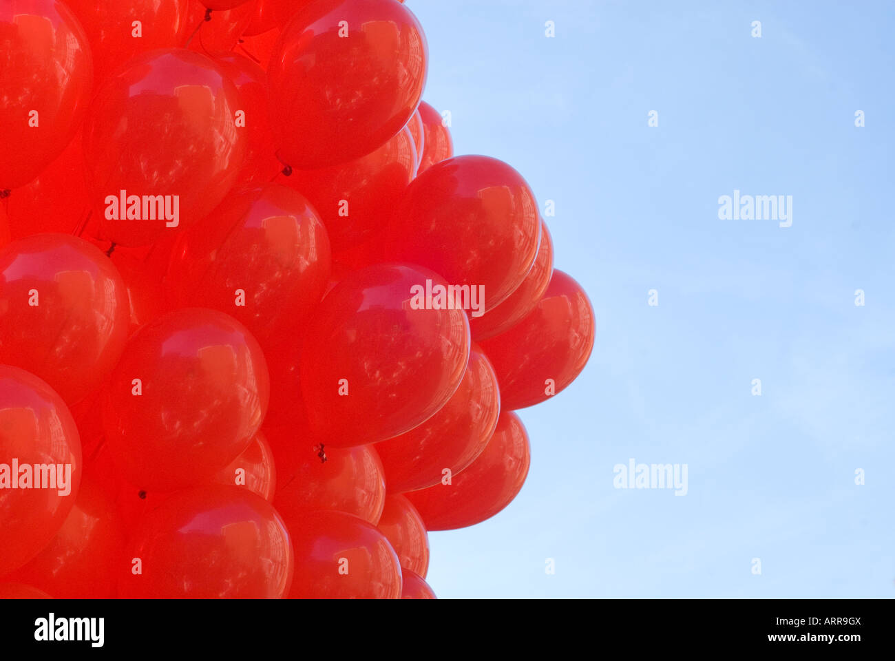 Mazzetto di elio riempito palloncini rossi contro un cielo blu Foto Stock