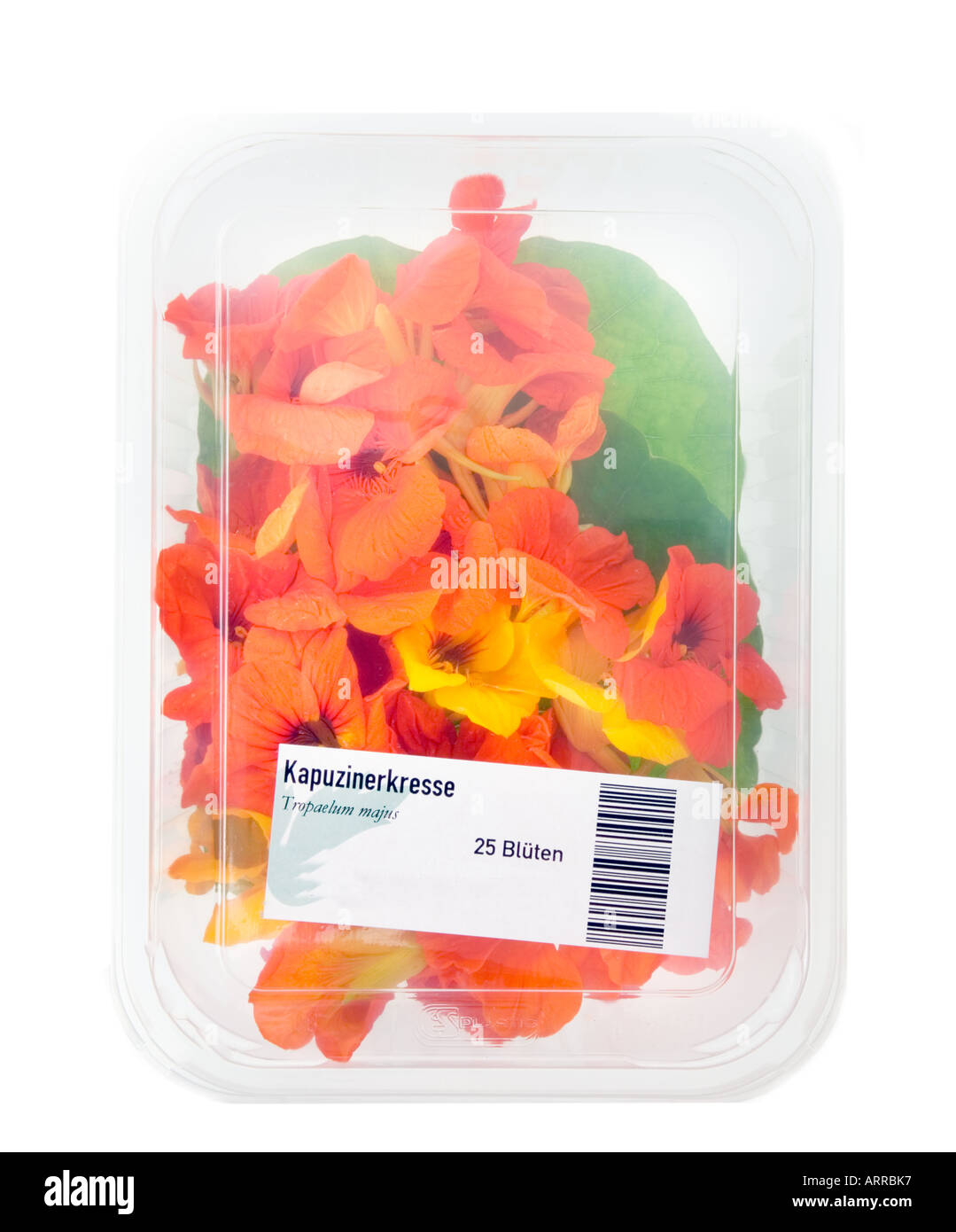 Fiori commestibili crescione Tropaeolum majus naso-twister avvolte in pellicola plastica avvolgere folie vendere vendere box pack Foto Stock