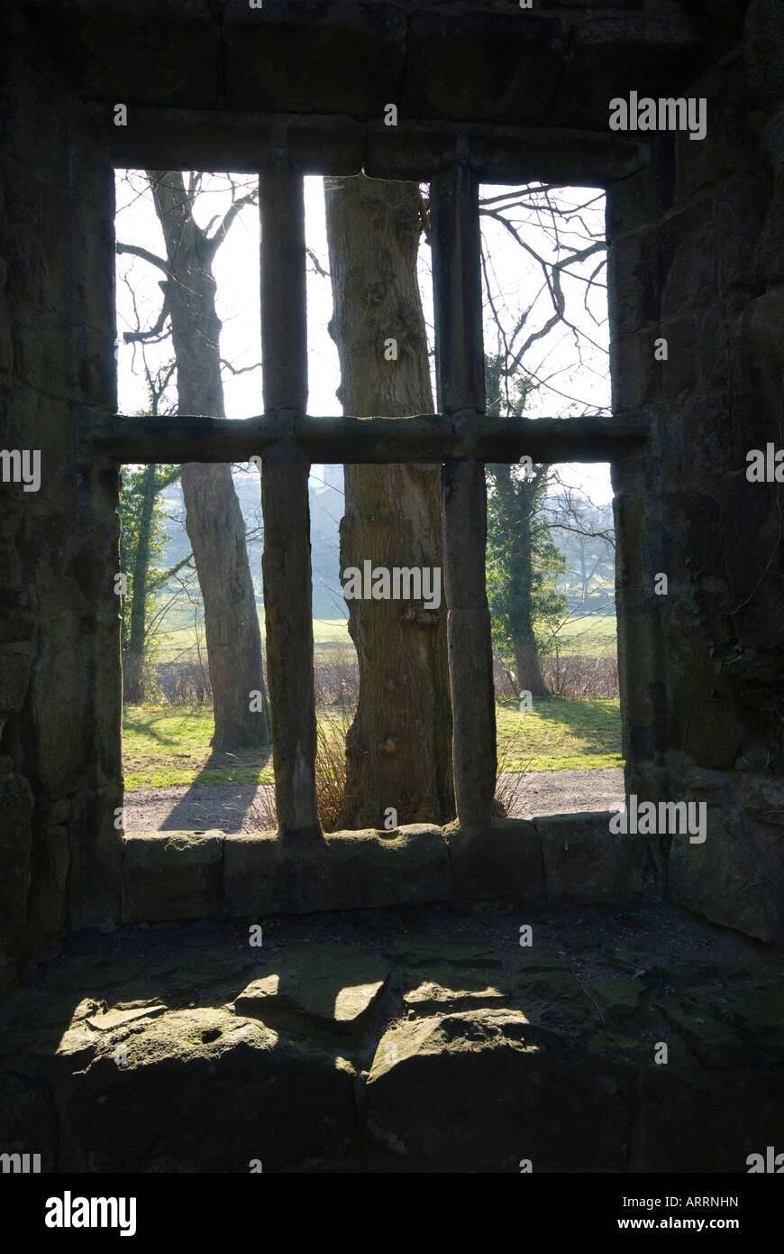 Sul telaio di una finestra vista dal Whalley Abbey rovina Foto Stock
